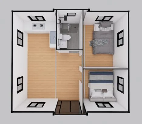20ft plan with one bedroom, living room, bathroom and kitchen