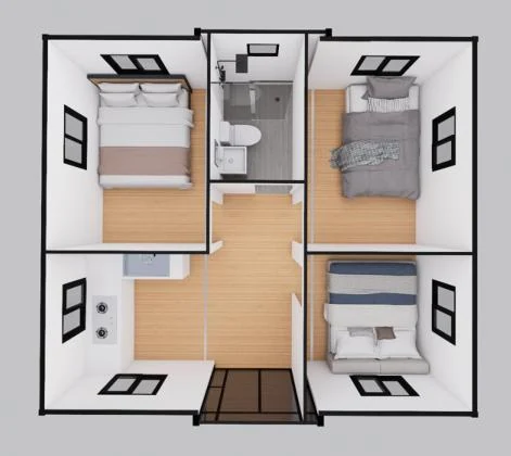 20ft plan with two bedrooms, living room, bathroom and kitchen