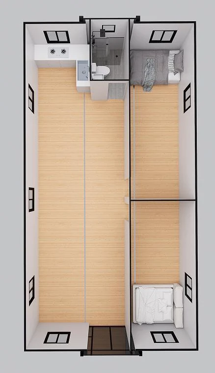 40ft plan with one bedroom, living room, bathroom and kitchen