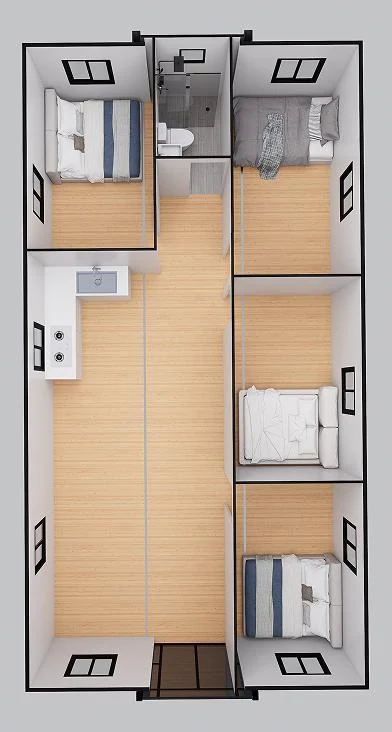 40ft plan with two bedrooms, living room, bathroom and kitchen