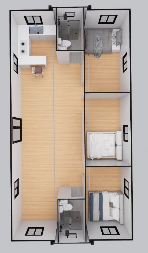 40ft plan with three bedrooms, living room, two bathrooms and kitchen