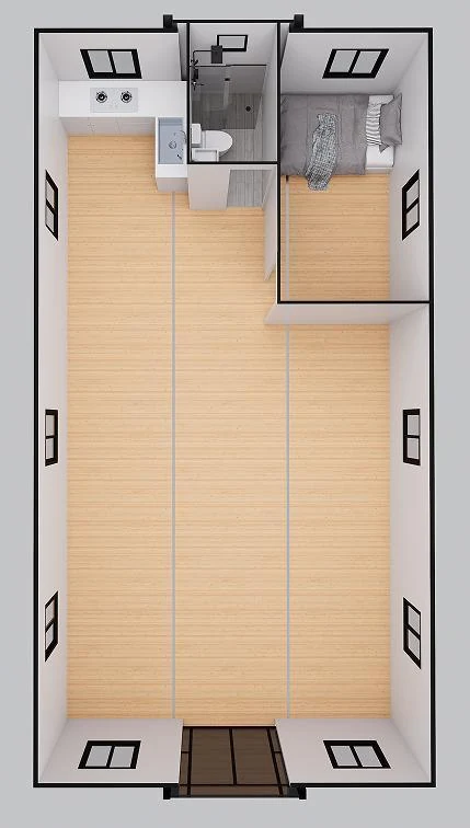 40ft plan with four bedrooms, living room, bathroom and kitchen