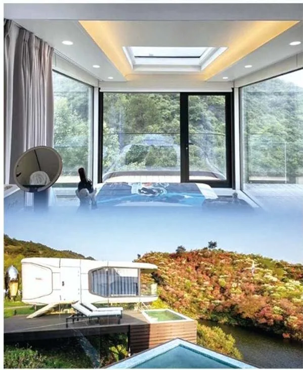 Space capsule scenic interior and resort setting